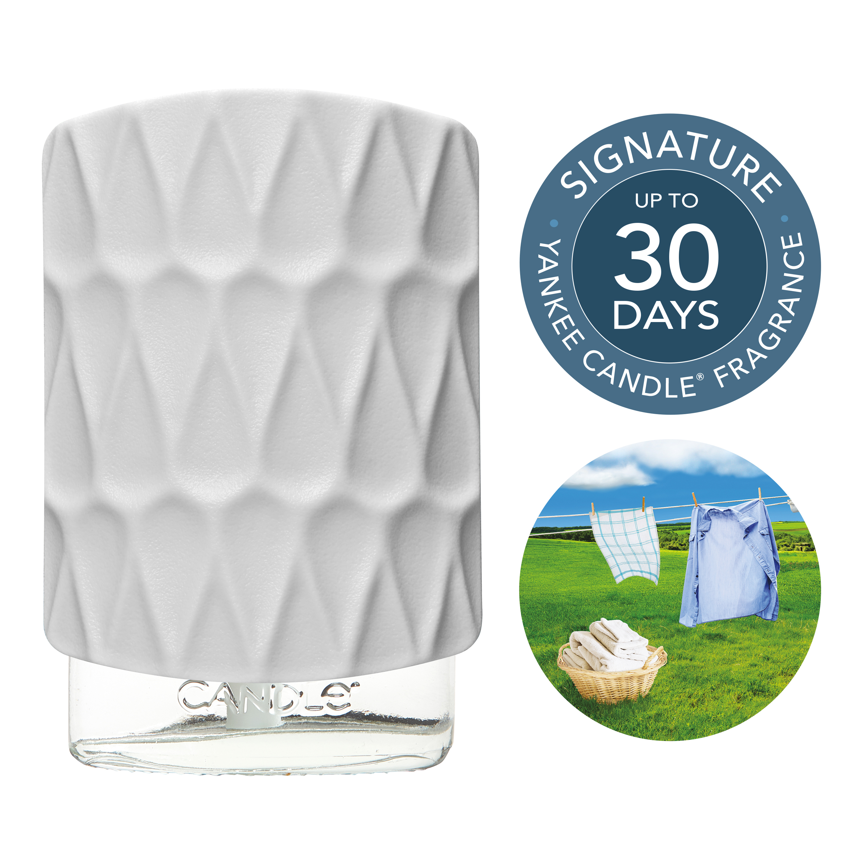 Yankee Candle Clean Cotton scentplug starter kit with branding and a circular inset showing laundry outdoors.
