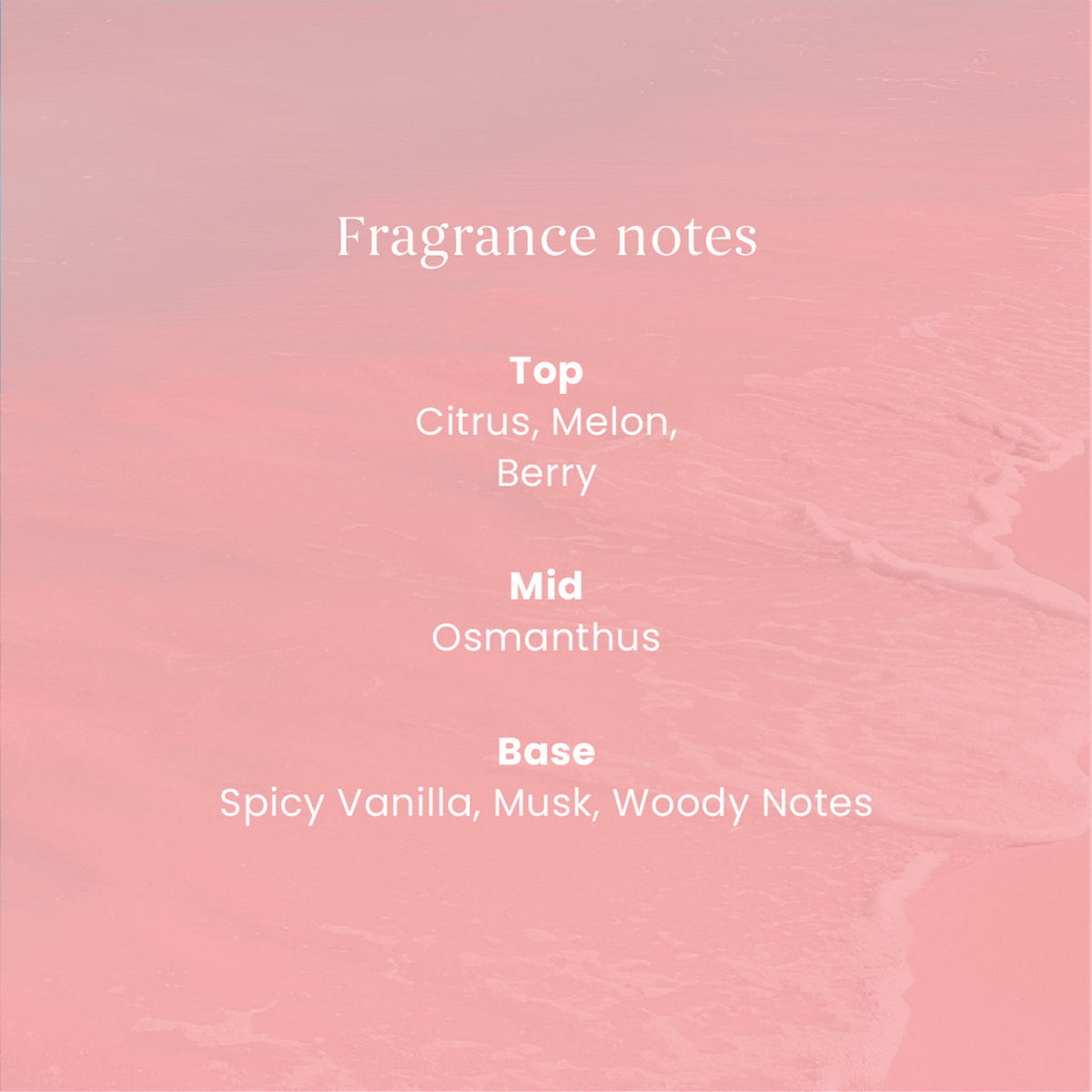 A pink fragrance notes graphic with white text listing the scent profile: Top notes of citrus, melon, and berry; mid notes of osmanthus; and base notes of spicy vanilla, musk, and woody notes over a soft pink abstract background.