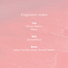 A pink fragrance notes graphic with white text listing the scent profile: Top notes of citrus, melon, and berry; mid notes of osmanthus; and base notes of spicy vanilla, musk, and woody notes over a soft pink abstract background.