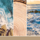 A triptych-style collage of coastal and natural imagery: turquoise ocean waves crashing against rocks on the left, a close-up wood grain or tree-ring texture in the center, and a sunlit ocean scene with rocks on the right, set above a tan horizontal band.