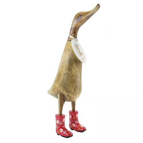 DCUK Wooden Duck DCUK Natural Finish Ducklet - with Red Floral Welly Boots