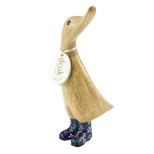DCUK Wooden Duck DCUK Natural Finish Duckling - with Blue Floral Welly Boots