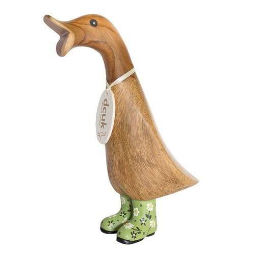 DCUK Wooden Duck DCUK Natural Finish Duckling - with Green Floral Welly Boots