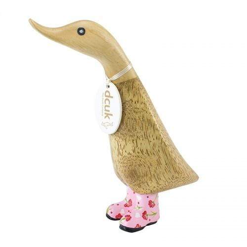 DCUK Wooden Duck DCUK Natural Finish Duckling - with Pink Floral Welly Boots