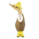 DCUK Wooden Duck DCUK - Natural Finish Duckling with Spotty Yellow Hat and Welly Boots