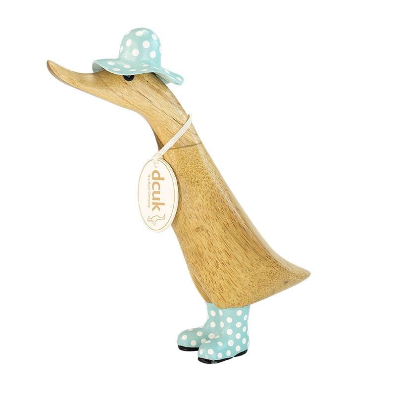 DCUK Wooden Duck Natural Finish Duckling with Spotty Blue Hat and Boots