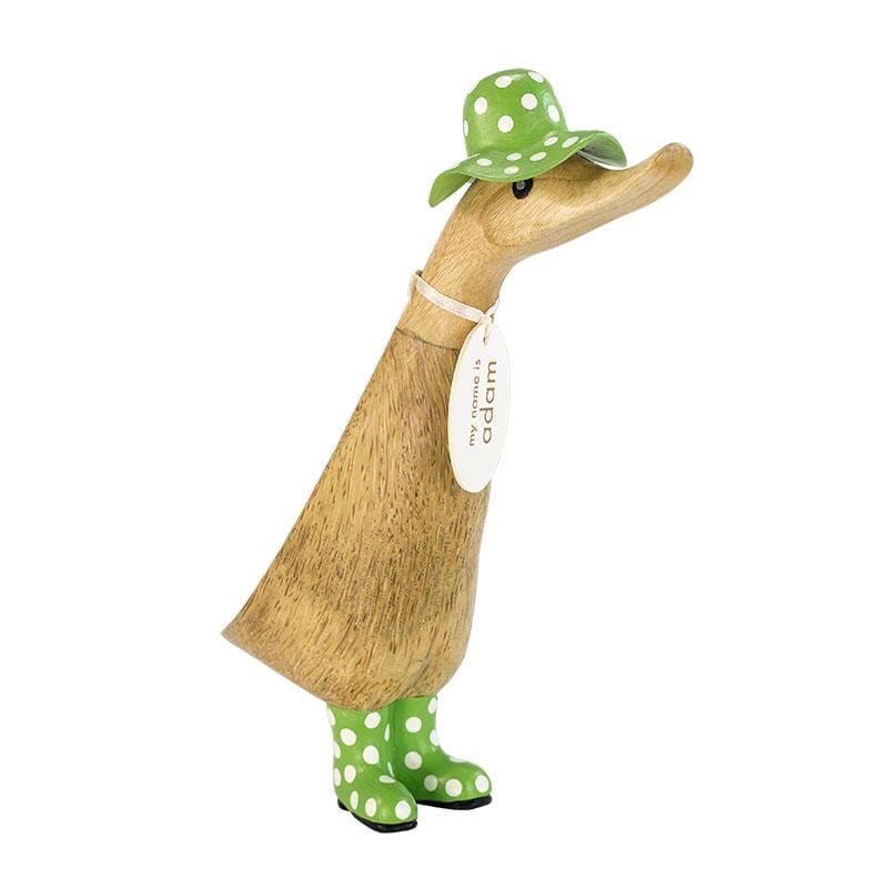 DCUK Wooden Duck Natural Finish Duckling with Spotty Green Hat and Welly Boots