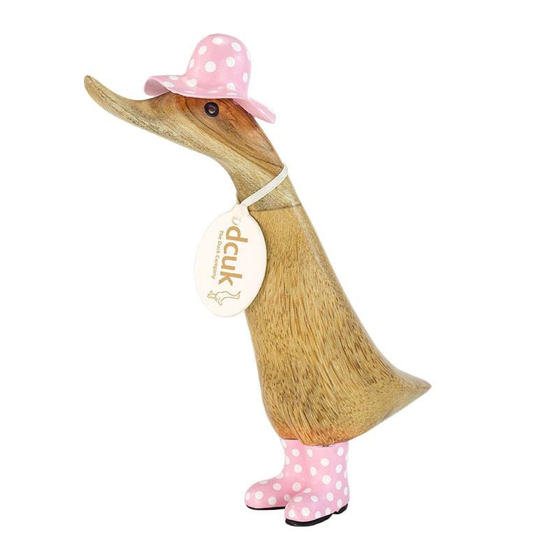 DCUK Wooden Duck Natural Finish Duckling with Spotty Pink Hat and Welly Boots