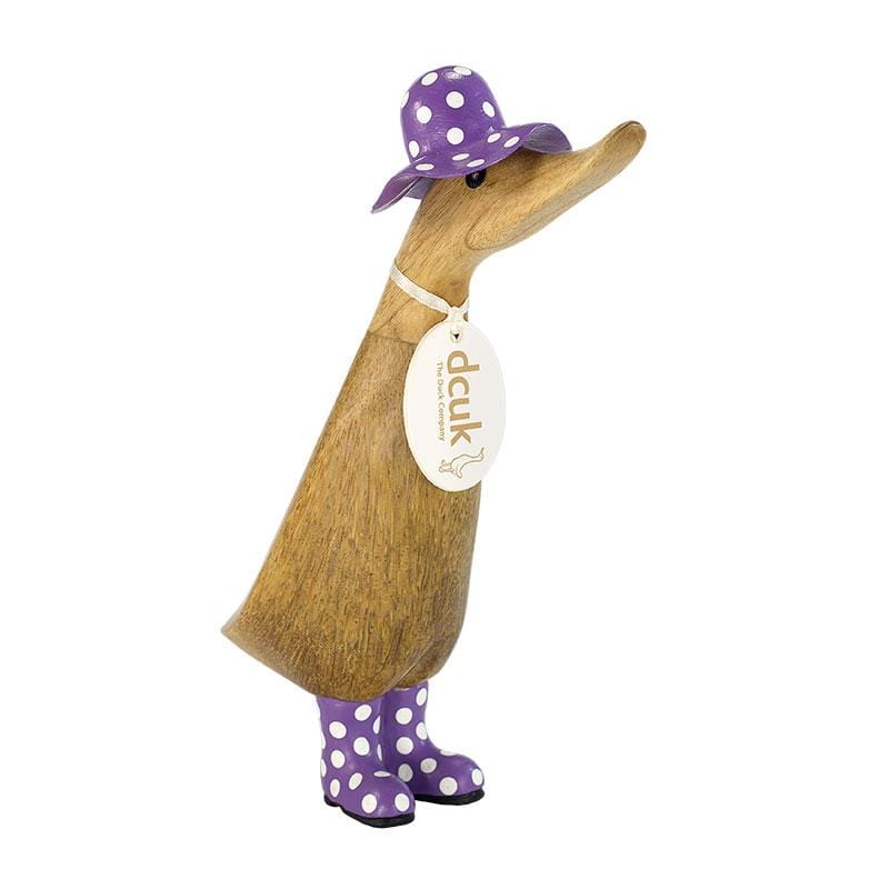 DCUK Wooden Duck Natural Finish Duckling with Spotty Purple Hat and Welly Boots