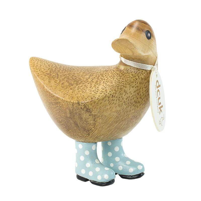 DCUK Wooden Duck Natural Finish Ducky with Blue Spotty Welly Boots