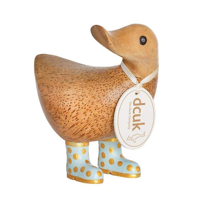DCUK Wooden Duck Natural Finish Ducky with Duck Egg Blue and Gold Spotty Welly Boots