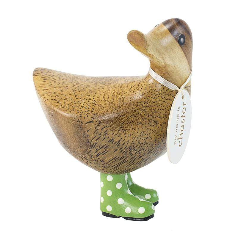 DCUK Wooden Duck Natural Finish Ducky With Green Spotty Welly Boots