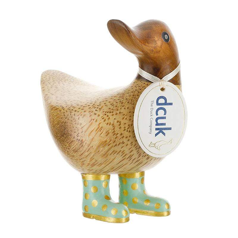 DCUK Wooden Duck Natural Finish Ducky with Pastel Green and Gold Spotty Welly Boots