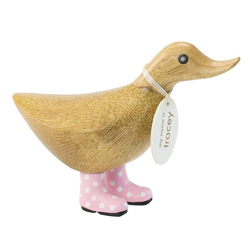 DCUK Wooden Duck Natural Finish Ducky with Spotty Welly Boots