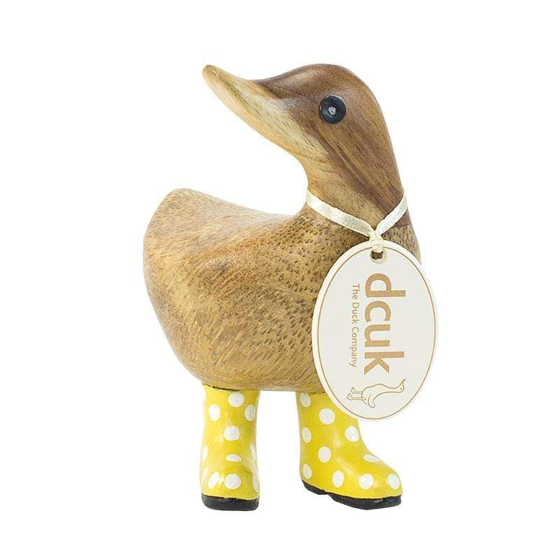 DCUK Wooden Duck Natural Finish Ducky with Yellow Spotty Welly Boots