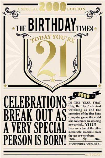 Kingfisher Cards Greeting Card Year You Were Born Newspaper Style Birthday Card - 21st - 2000
