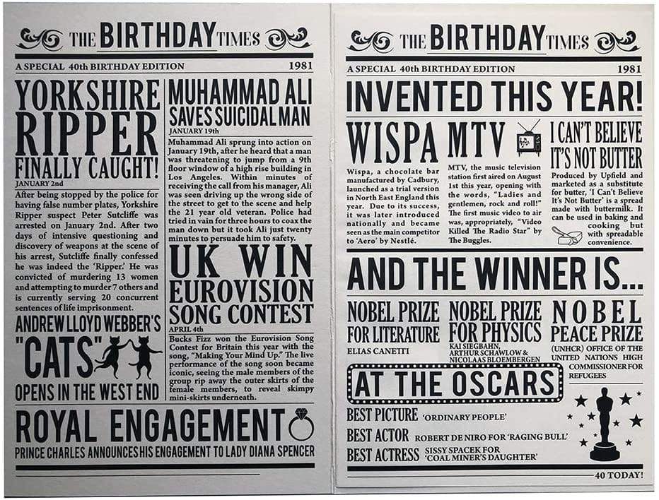 Kingfisher Cards Greeting Card Year You Were Born Newspaper Style Birthday Card - 40th - 1981
