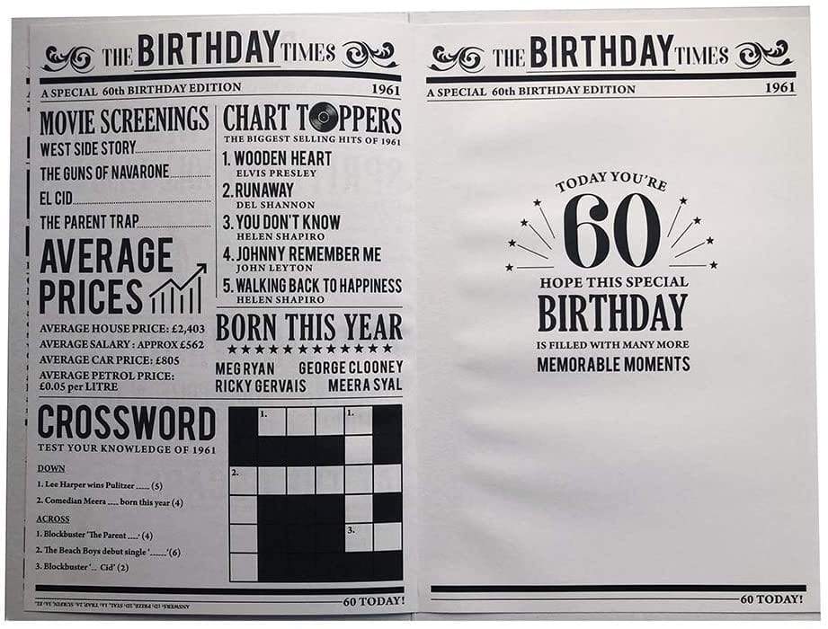 Kingfisher Cards Greeting Card Year You Were Born Newspaper Style Birthday Card - 60th - 1961