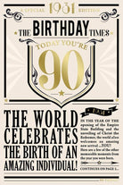Kingfisher Cards Greeting Card Year You Were Born Newspaper Style Birthday Card - 90th - 1931