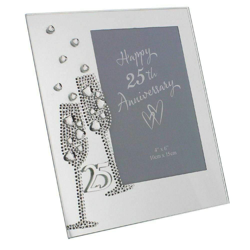Widdop Photo Frames Flute with Crystals 6'' x 4'' Photo Glass Mirror Frame - 25th Silver Anniversary